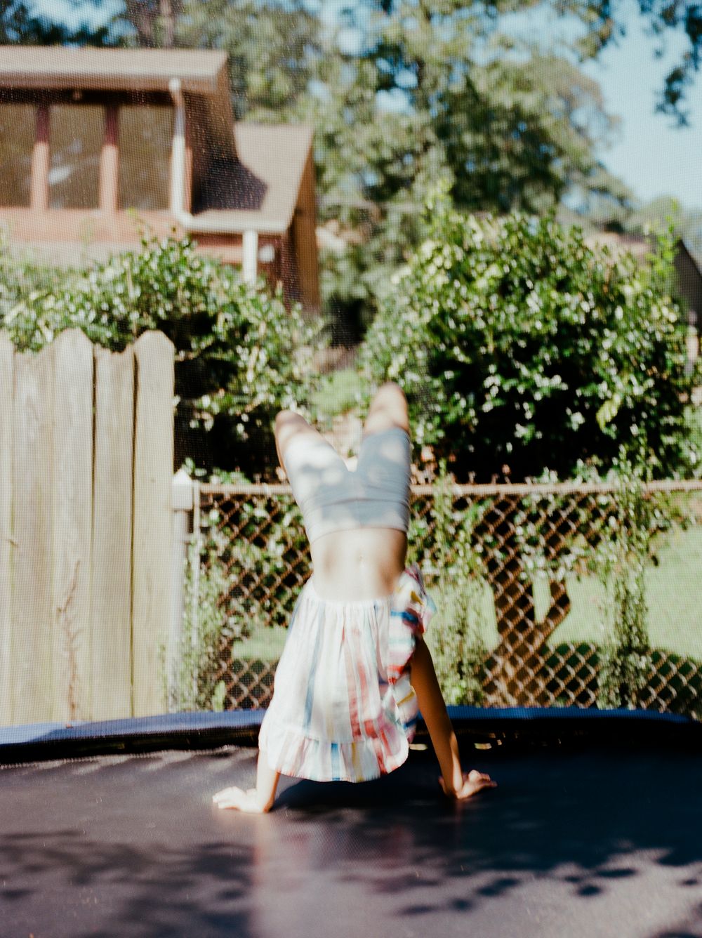 Series of vintage photographs showing a small child in a white dress walking and playing in a backyard garden setting.
