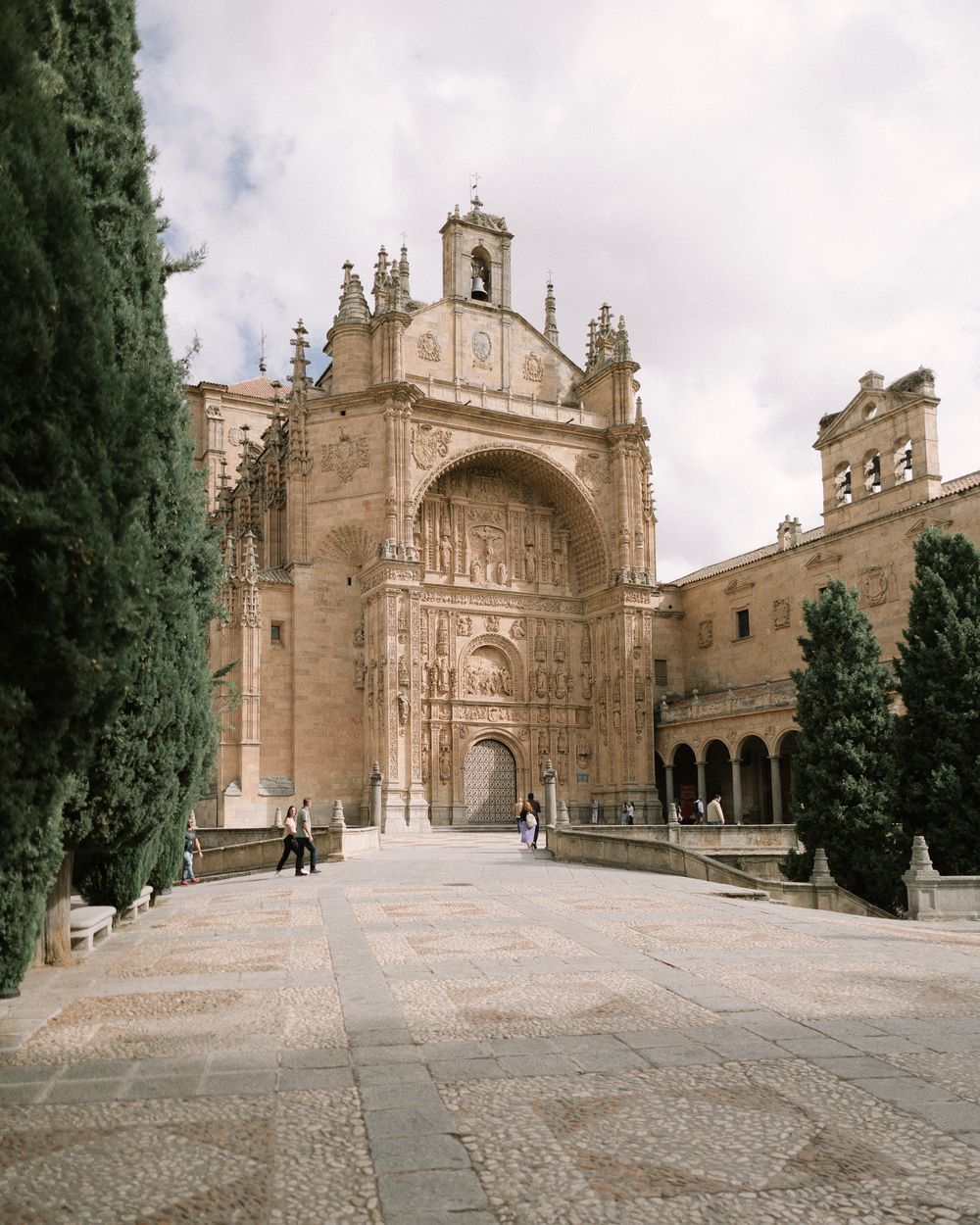 A grand Gothic stone church entrance with ornate carvings and tall cypress trees at the Church of San Esteban in Salamanca, Spain.