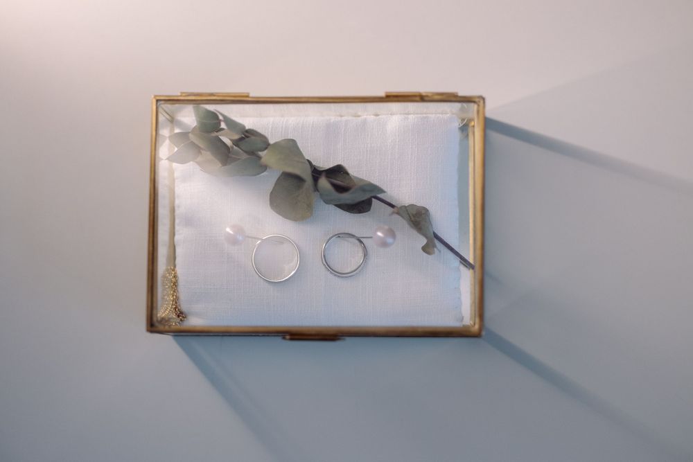 Wedding rings displayed in a glass box with a delicate floral sprig on white backdrop.