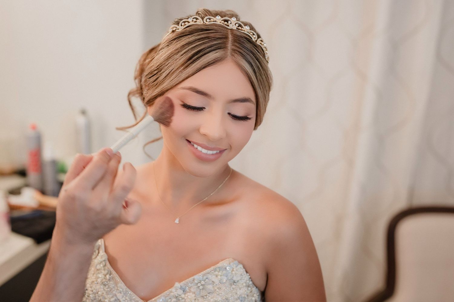 Elegant wedding preparation scene with delicate lace details and soft lighting.