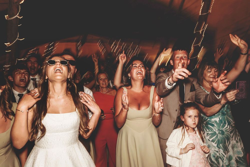 Crowd of party guests dancing and celebrating enthusiastically on a dimly lit dance floor.