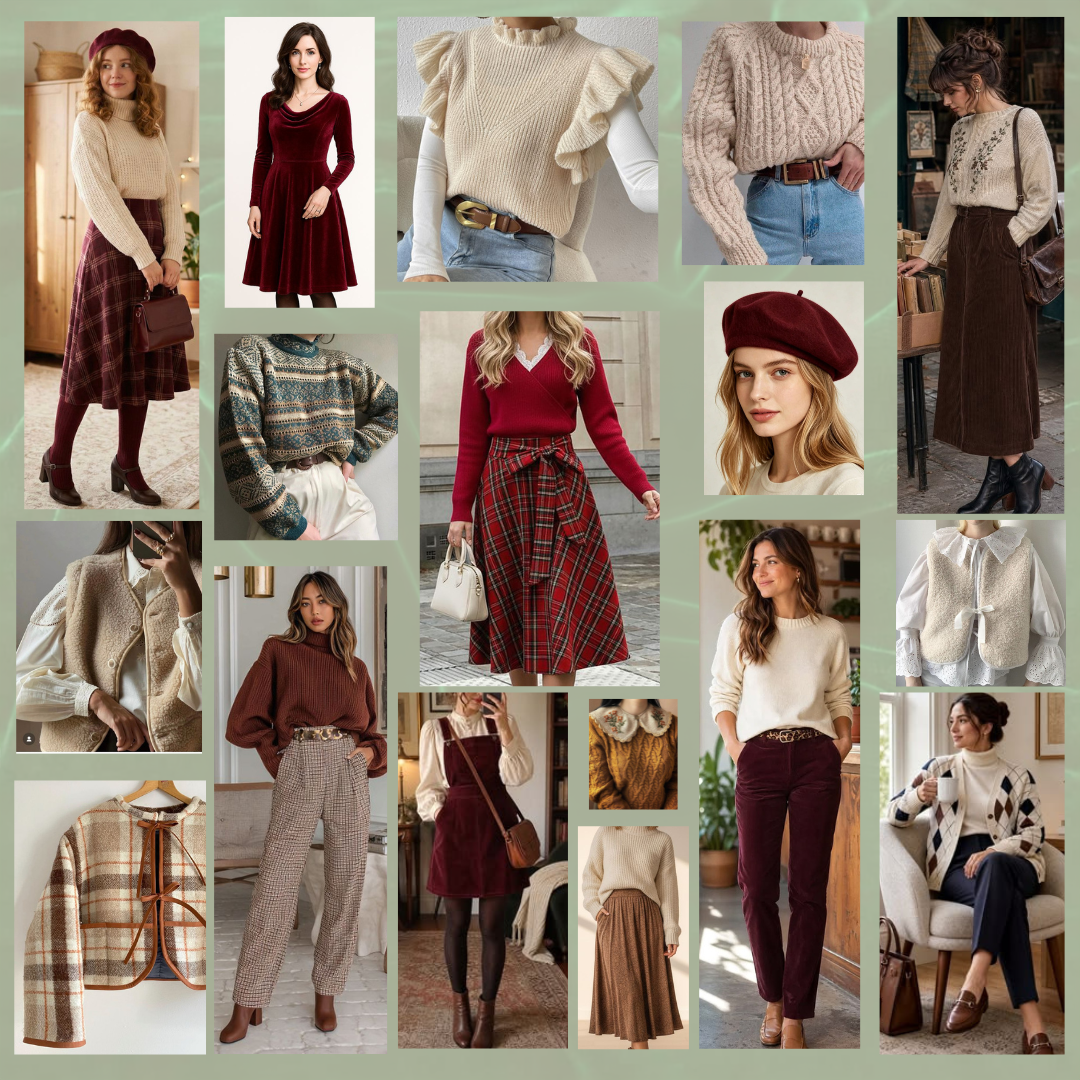 Fashion moodboard collage showing winter outfit styles with cozy sweaters, plaid skirts, and boots in warm brown tones.