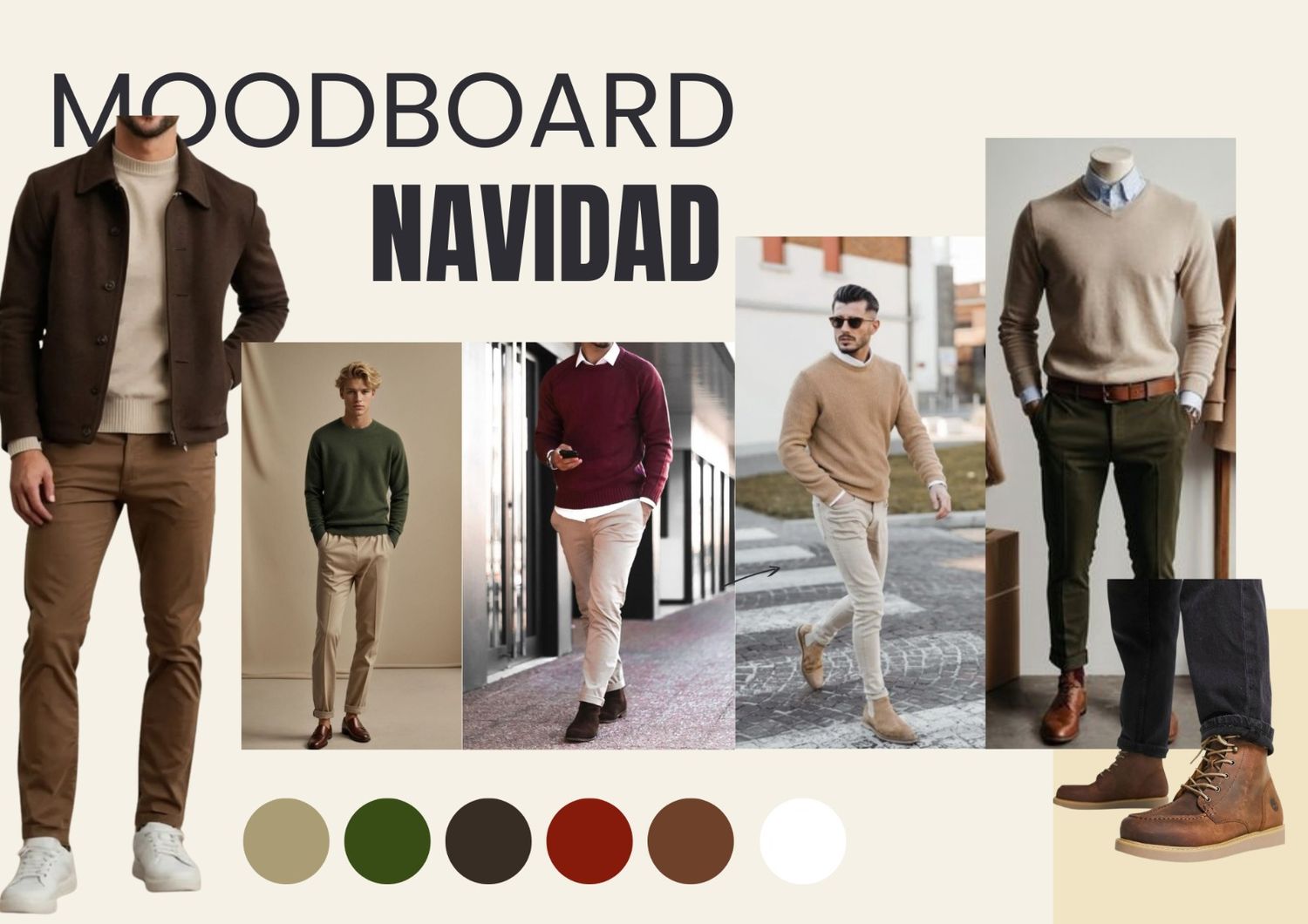 Fashion moodboard collage showing winter outfit styles with cozy sweaters, plaid skirts, and boots in warm brown tones.