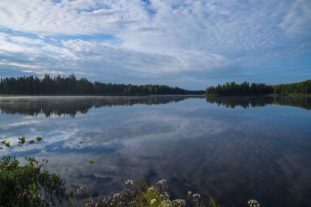 Reflective lake with forested shoreline and dramatic clouds mirrored in calm water on a sunny day.