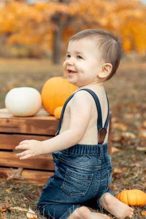 Autumn scene with pumpkins and wooden crates in fallen leaves.