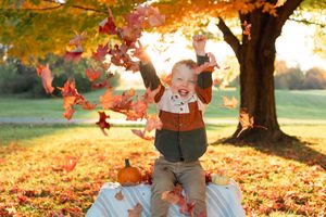 An autumn engagement photo session features a couple sitting beneath trees with golden falling leaves during sunset.