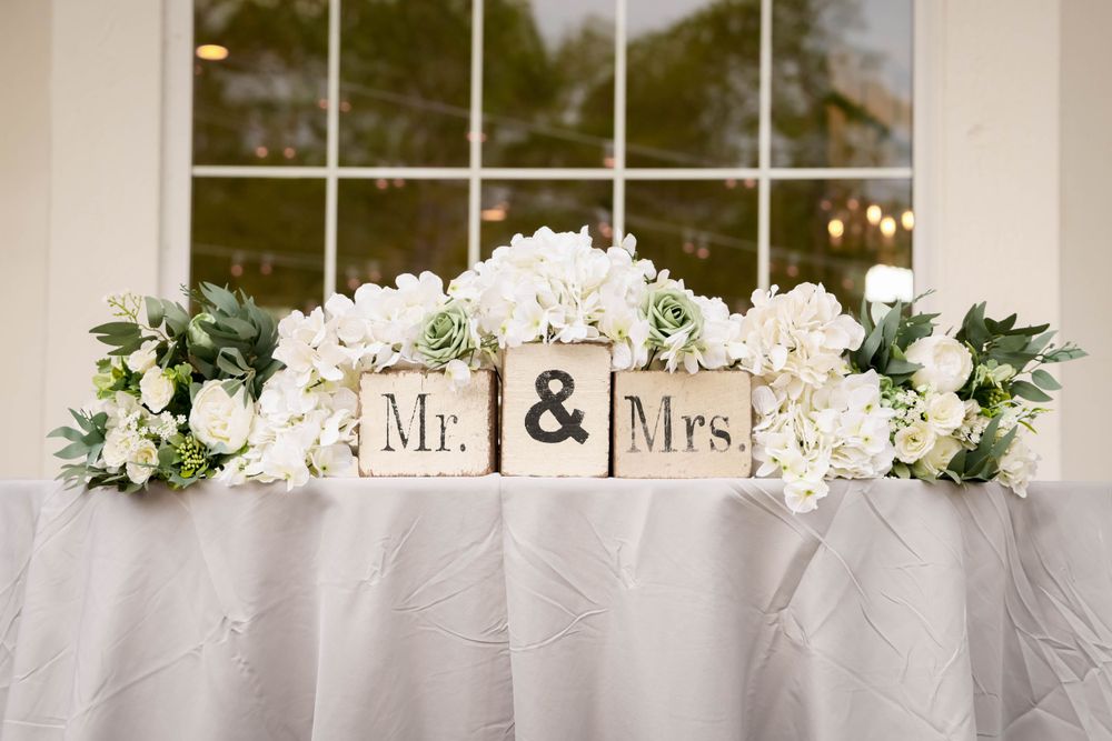 'Mr & Mrs' wooden blocks decorated with white flowers on elegant tablecloth.