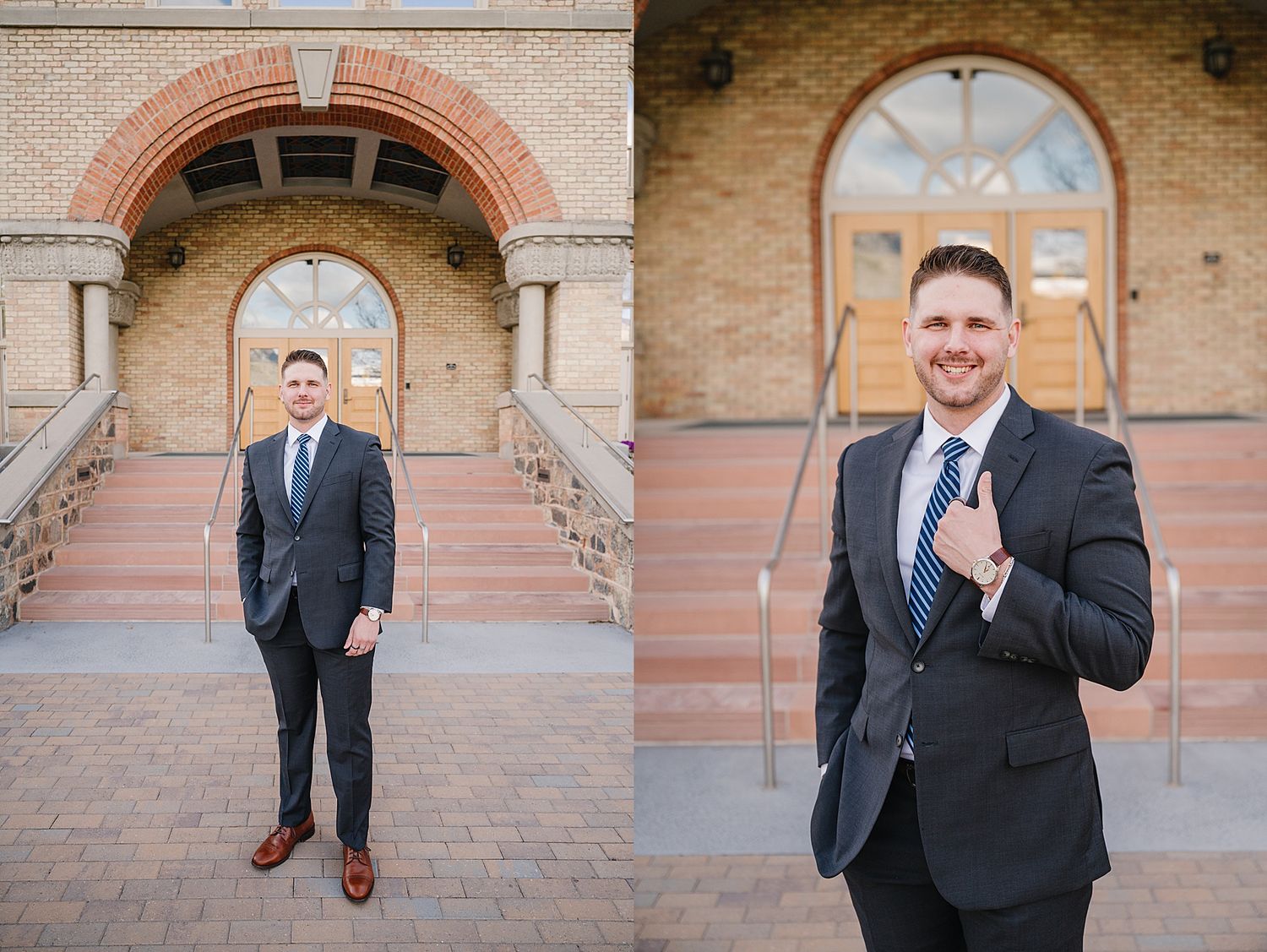 A professional in a dark suit and blue tie stands on brick steps in front of an arched entrance with ornate details.