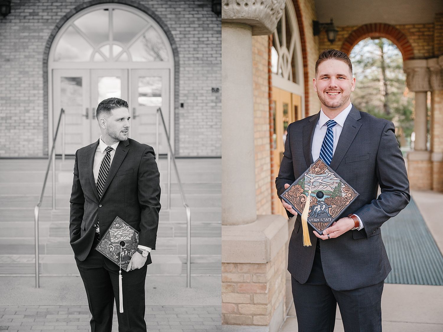 Graduate in dark suit poses in front of brick archway in black and white and color portrait diptych.