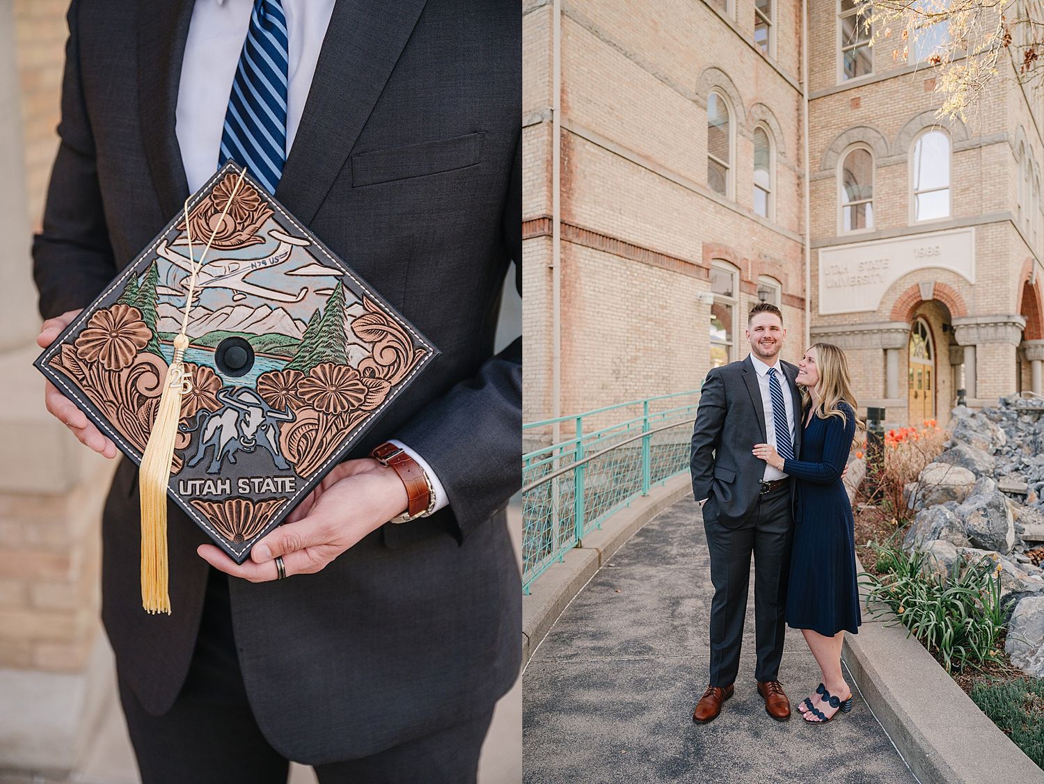 A graduation cap decorated with Harry Potter themed artwork next to couple standing on stone building steps.