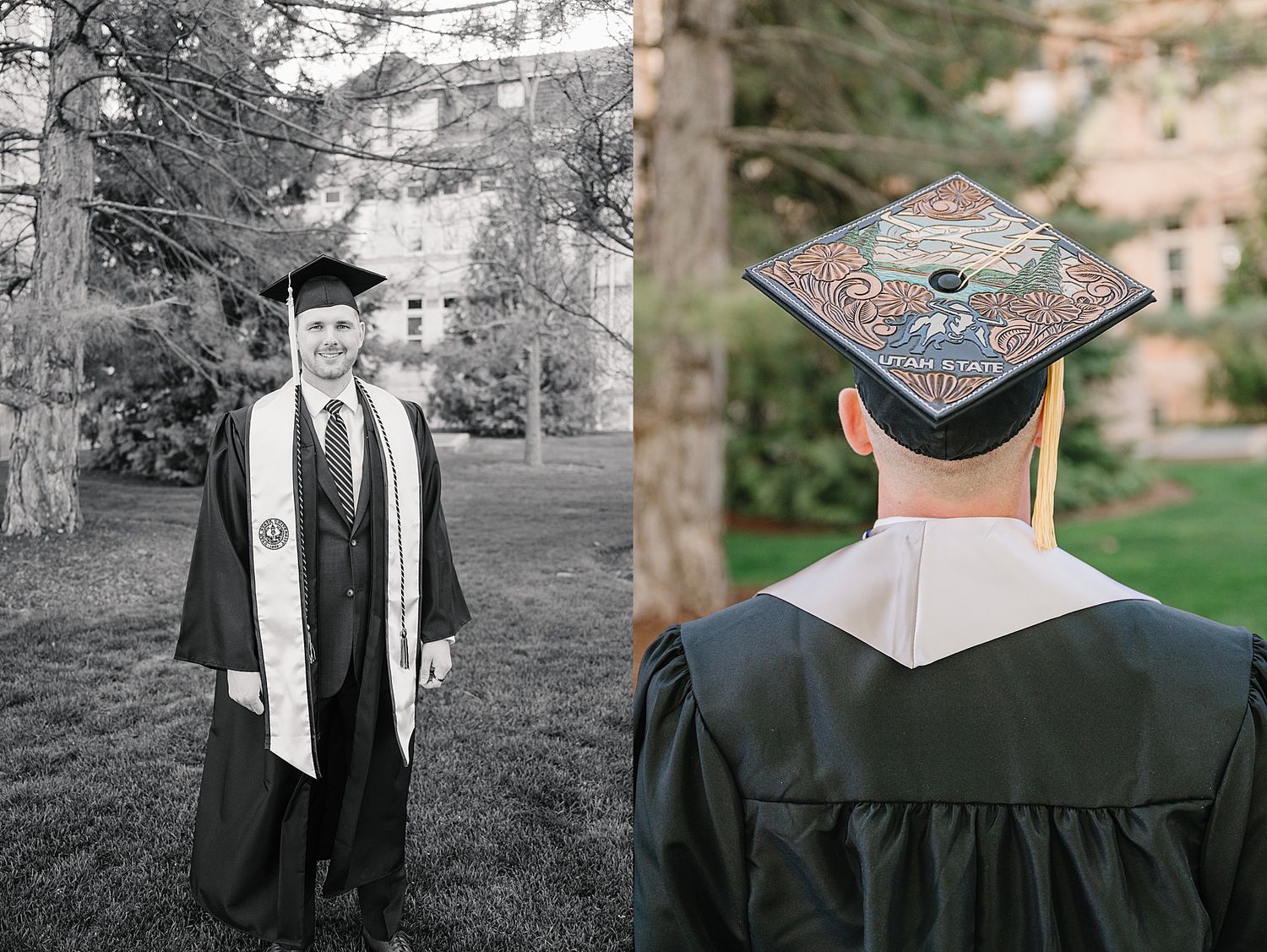 Split view showing graduate portraits, one in black and white and one with a decorated graduation cap.