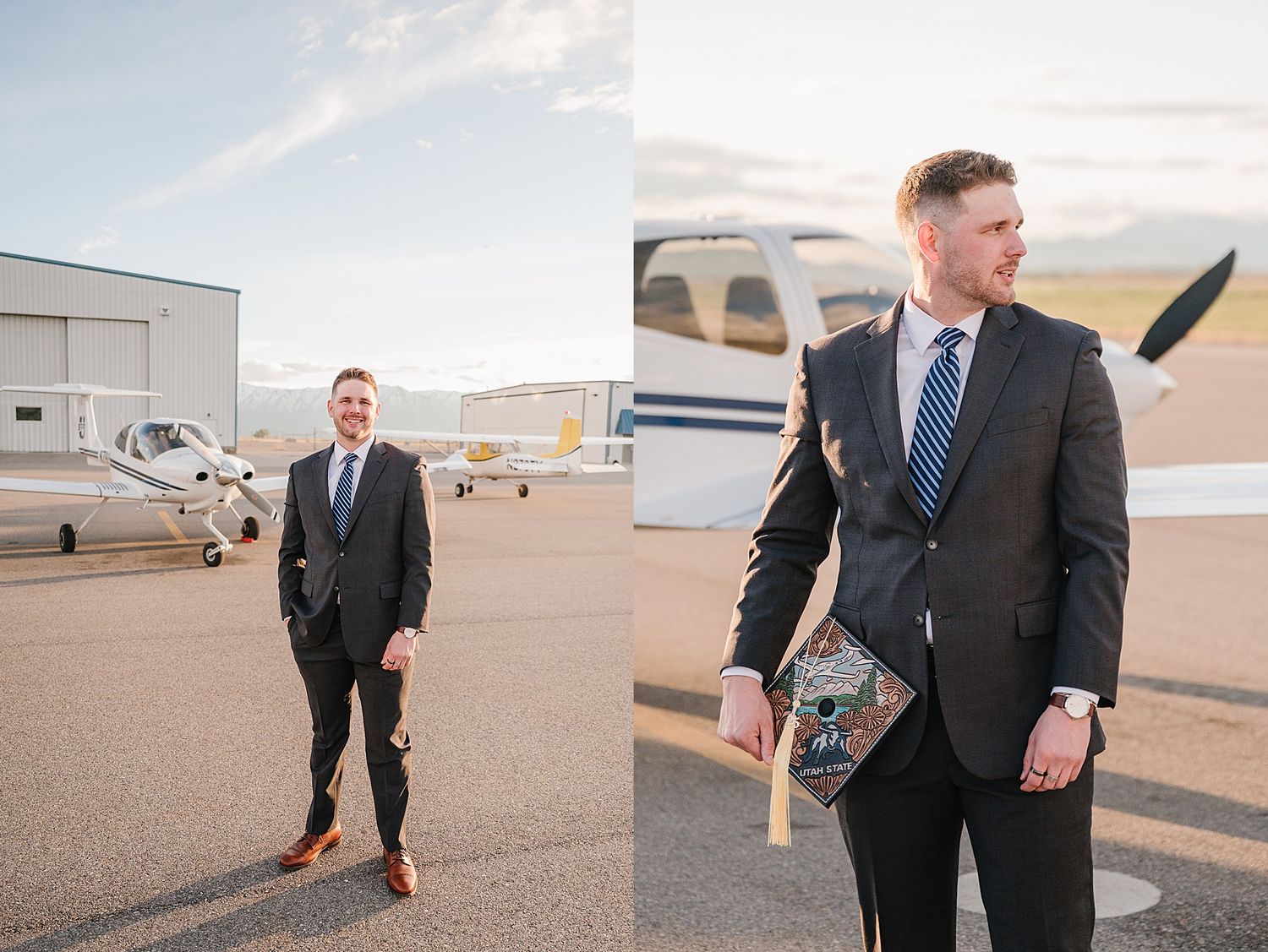 Business professional in a dark suit stands on an airport tarmac next to a small private aircraft at sunset.