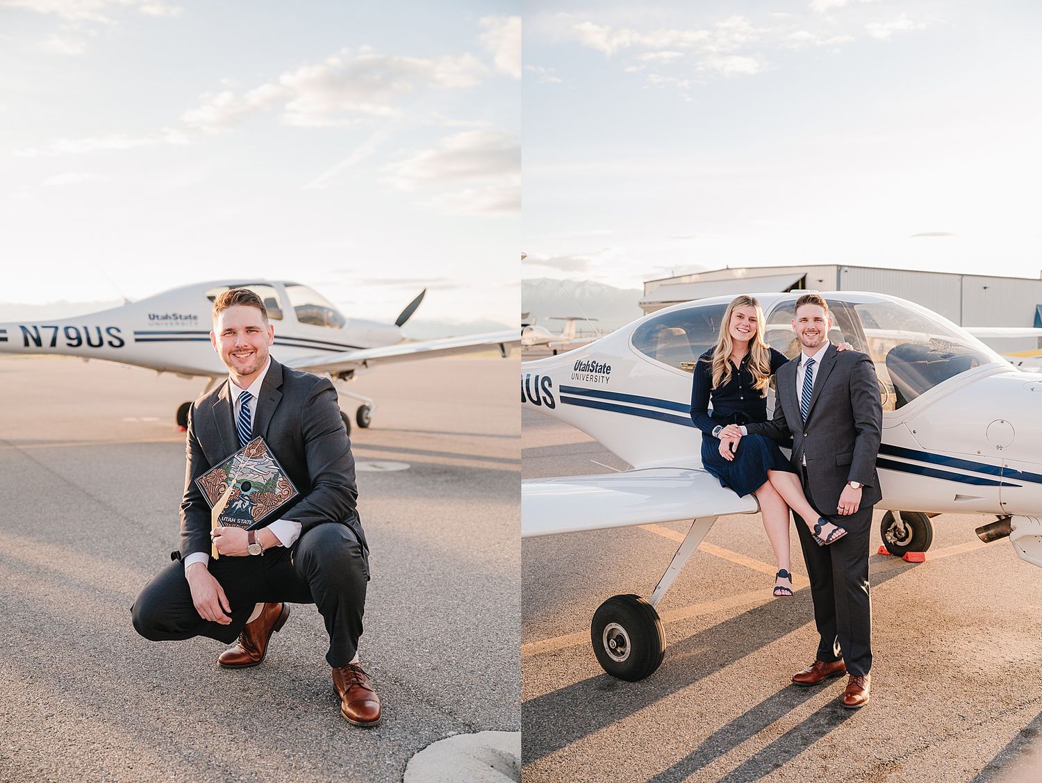 Professional aviators posing confidently next to a small private aircraft on an airport tarmac.