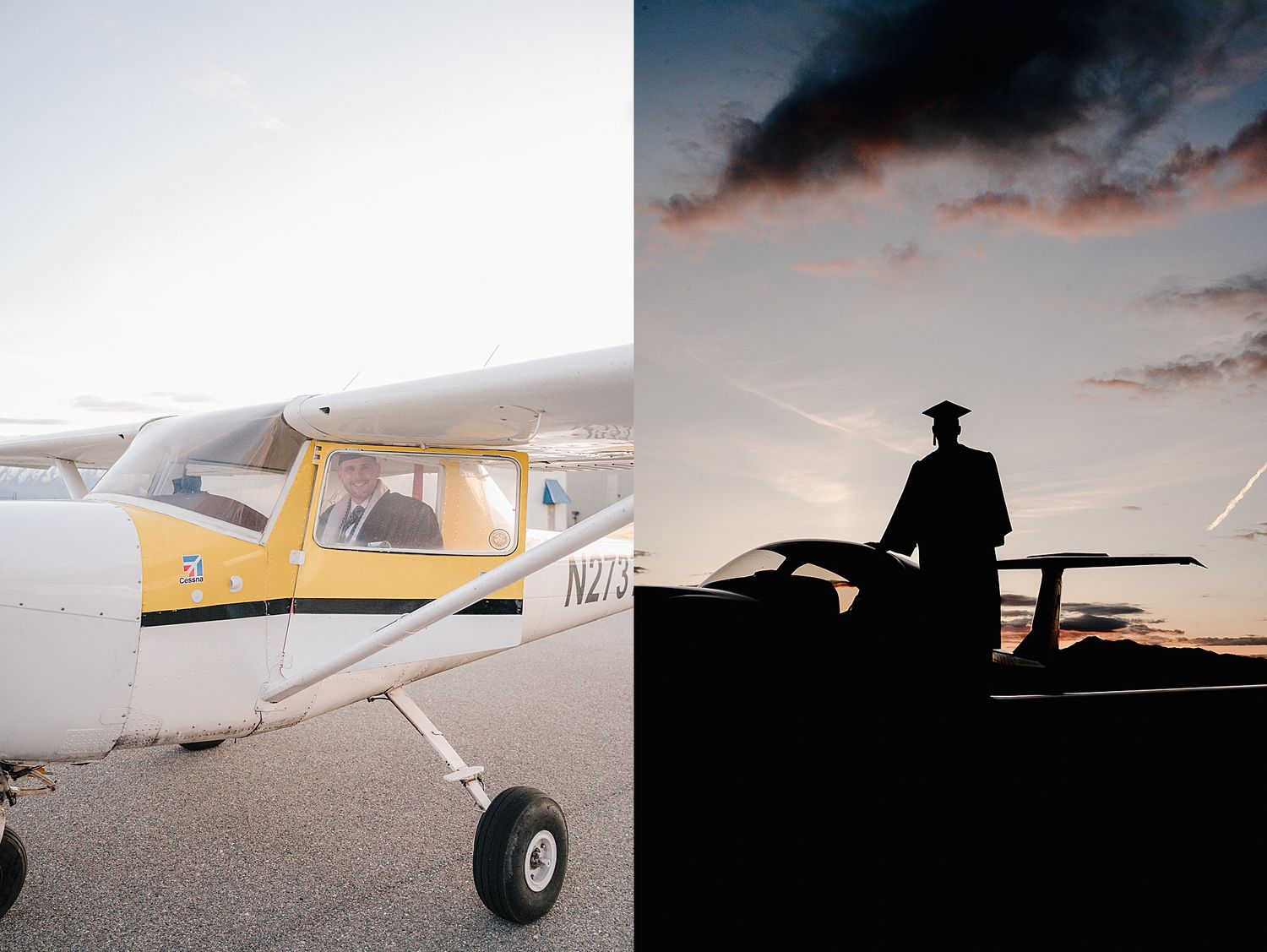 Split image showing a parked yellow and white Cessna aircraft next to a silhouette of a figure at sunset.