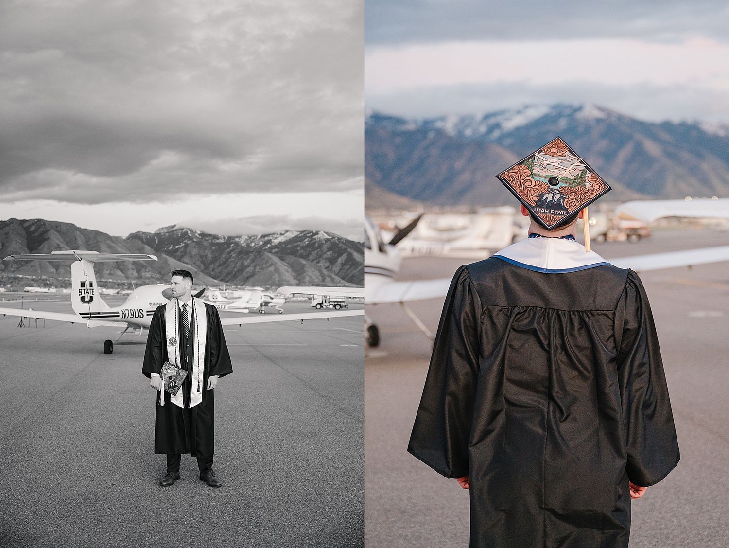 Contrasting graduation photos of graduates against mountain landscapes in black and white and color.