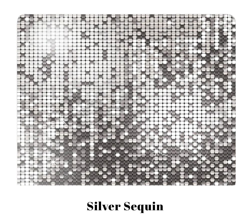 Shimmering silver sequin wall background with reflective metallic pattern texture.
