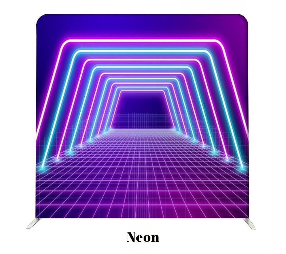 Neon blue and purple glowing archway tunnel with retro grid floor extending into infinity against dark background.