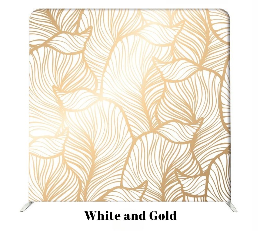 Elegant white backdrop featuring delicate gold leaf patterns in a repeated feather-like motif for photography or events.