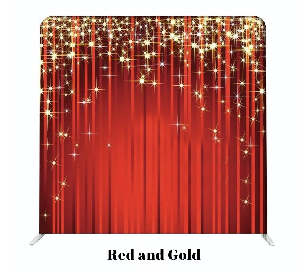 Elegant red stage curtain backdrop with cascading golden sparkles and stars creating a glamorous theater effect.