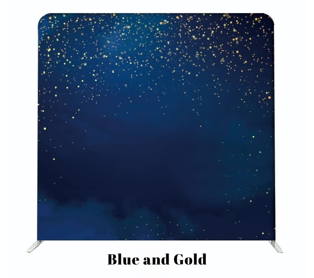 Dark navy blue backdrop with sparkling gold glitter scattered across the top creating a magical starry night effect.