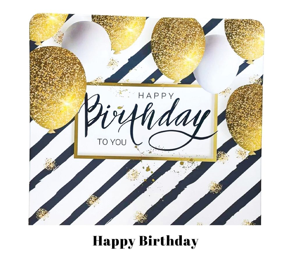 Elegant birthday card design with gold glitter balloons and black diagonal stripes on white background.