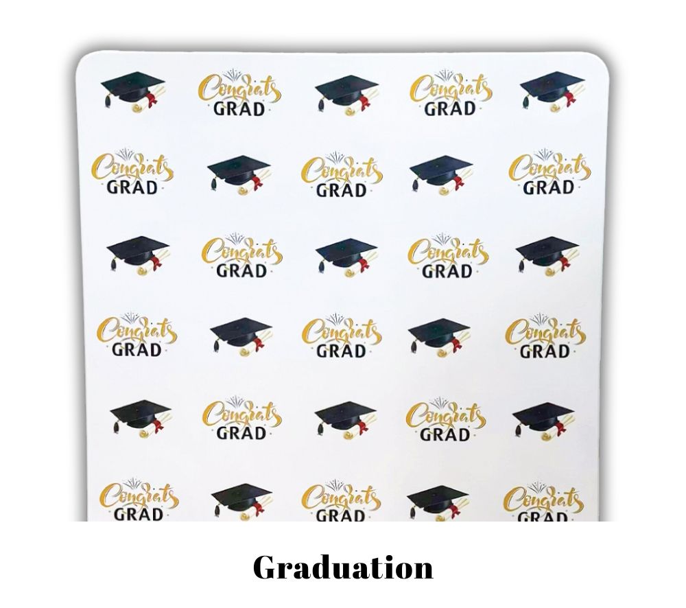 A repeating pattern of graduation caps with 'Congrats Grad' text in gold and black on a white backdrop.