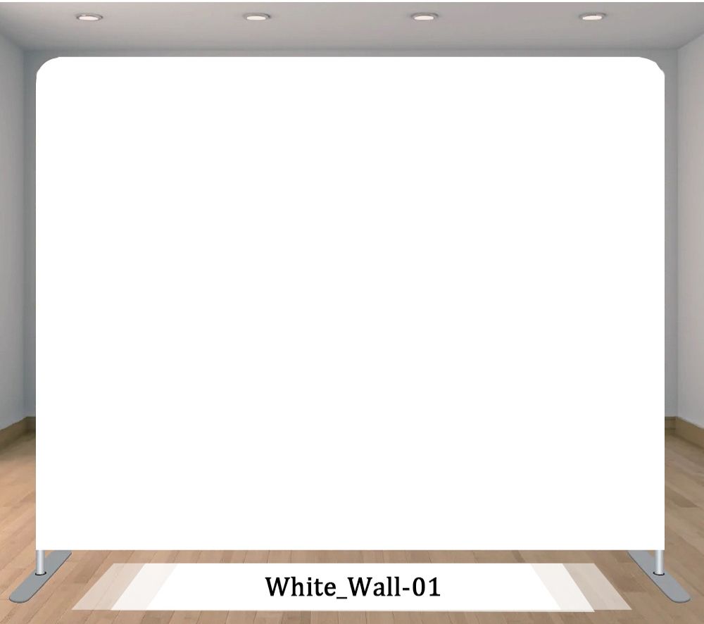 A blank white backdrop display stand with wooden floor and recessed lighting for photography or events.
