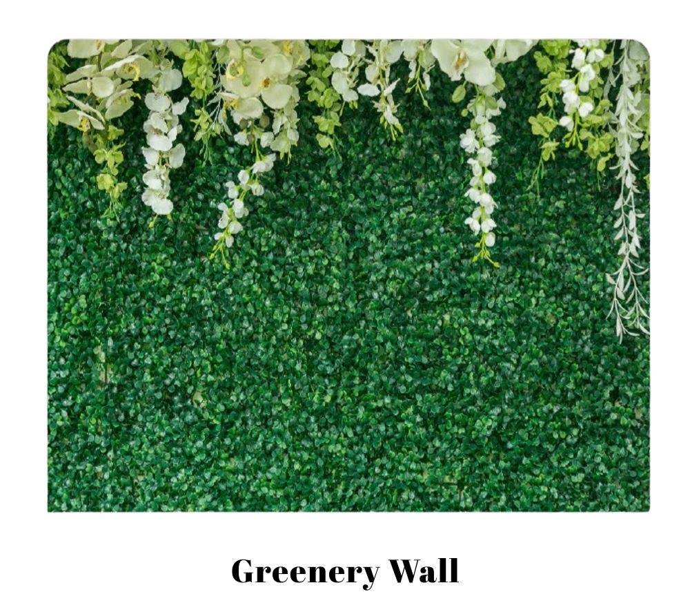 Artificial green hedge wall backdrop with cascading white wisteria flowers hanging from the top.