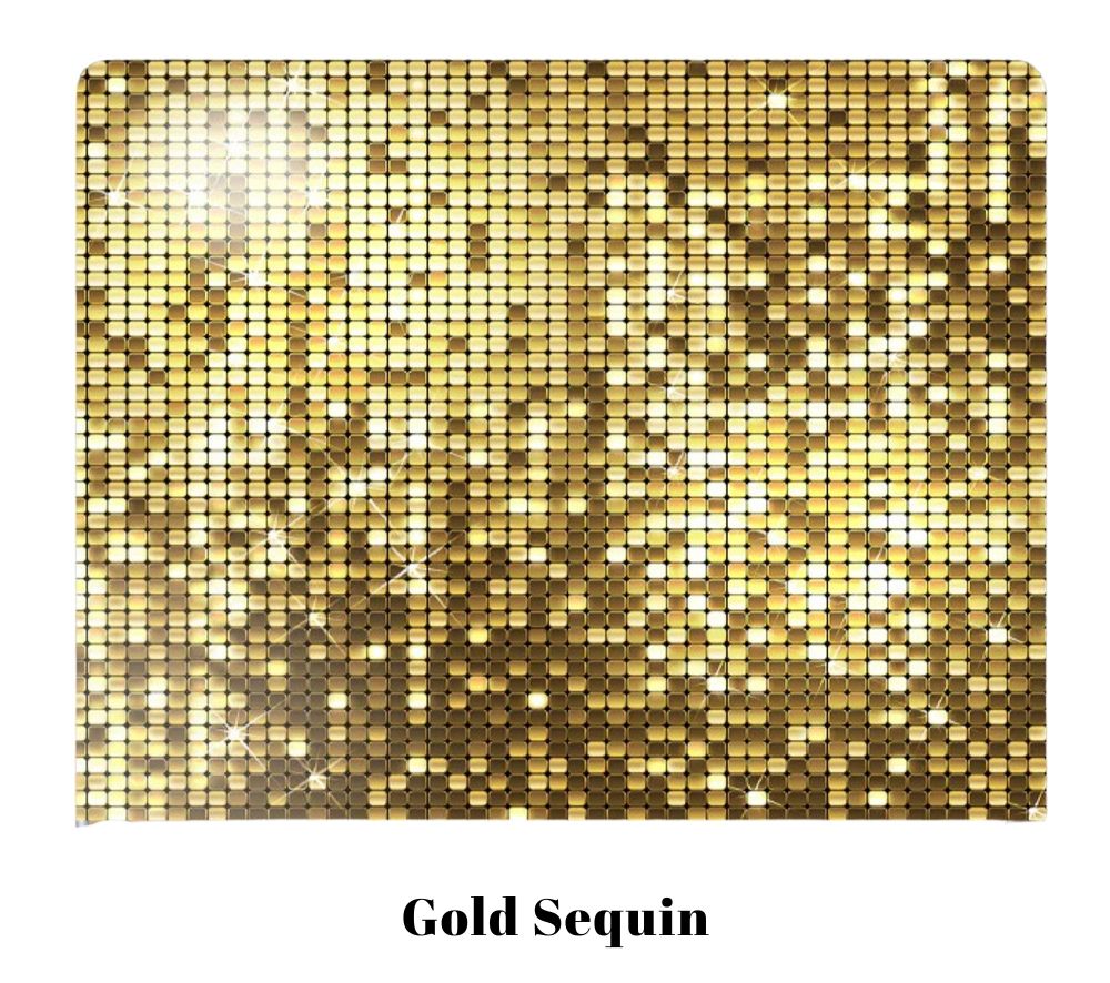 Shimmering gold sequin pattern background with metallic squares creating a luxurious disco-style texture.
