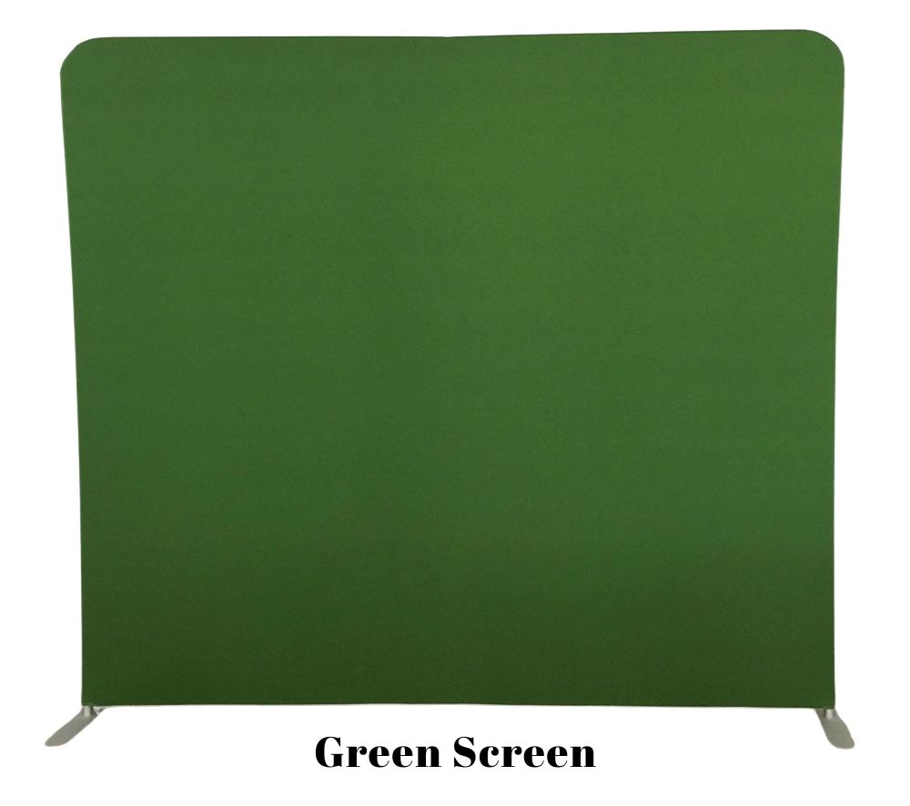 A solid green backdrop screen with tension fabric display stand for photography or video production purposes.