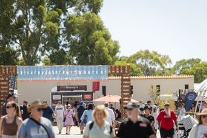 Outdoor festival venue with white buildings and crowds of people walking under sunny skies.