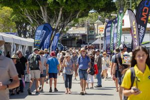 Festival attendees browse vendor booths along a tree-lined path with promotional banners and displays.