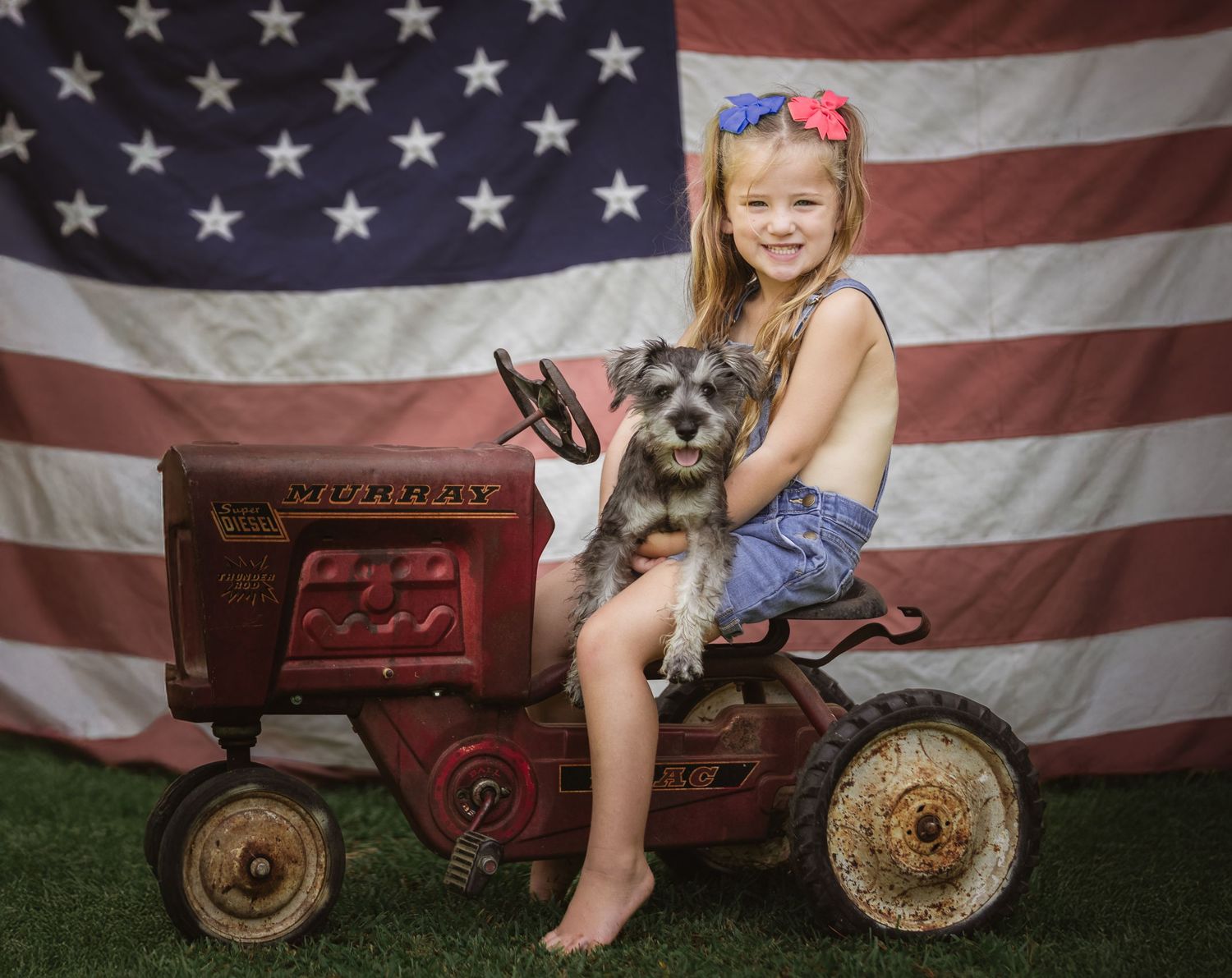 Child milestone portrait with dog and vintage tractor in Lincoln, Alabama.