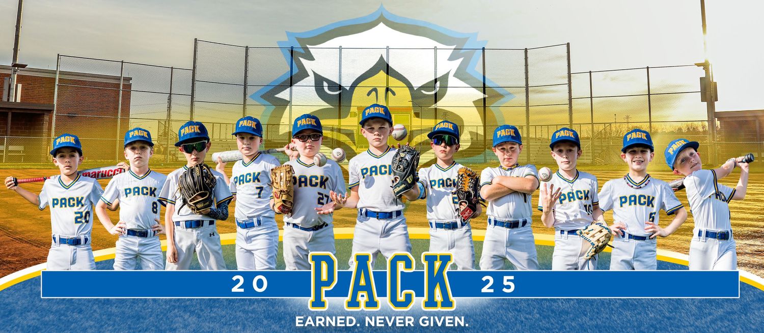 Youth baseball team photo showing The Pack 2025 players lined up on bleachers in blue uniforms.