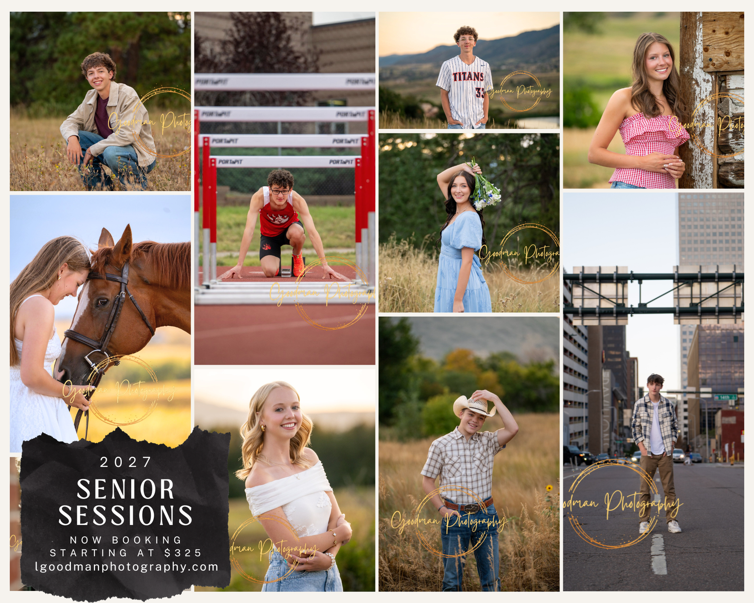 Collection of outdoor senior portrait photography showcasing diverse settings from mountains to fields with natural lighting.