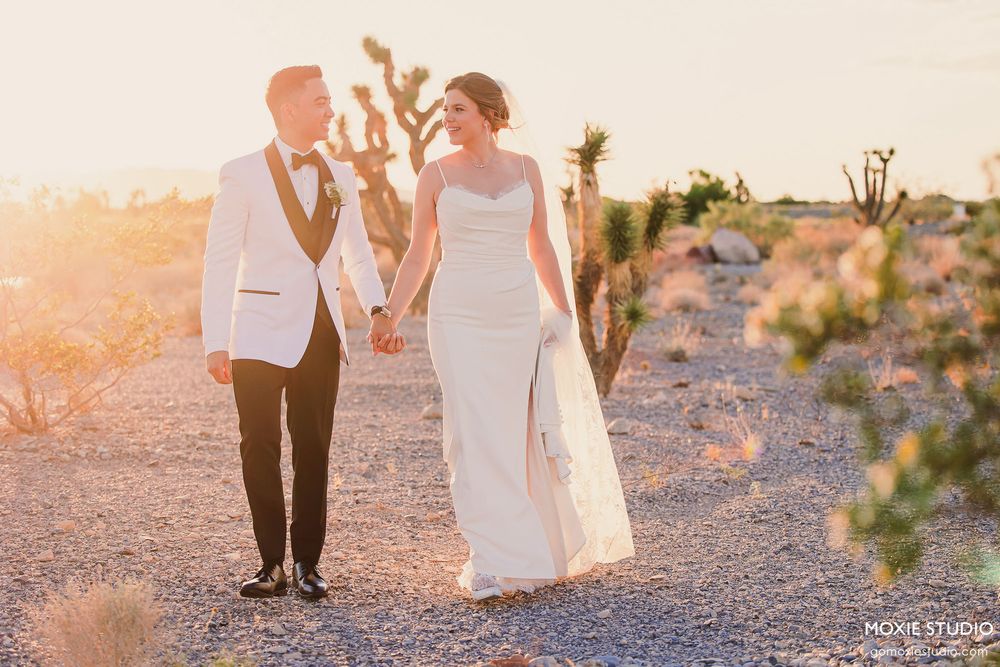 Newlyweds walking hand in hand through desert terrain during golden hour.