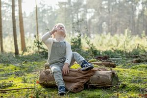 Jongetje in tuinbroek met blonde krullen, zit op een boomstronk in het bos van de Lemelerberg, omhoog kijkend en wijzend