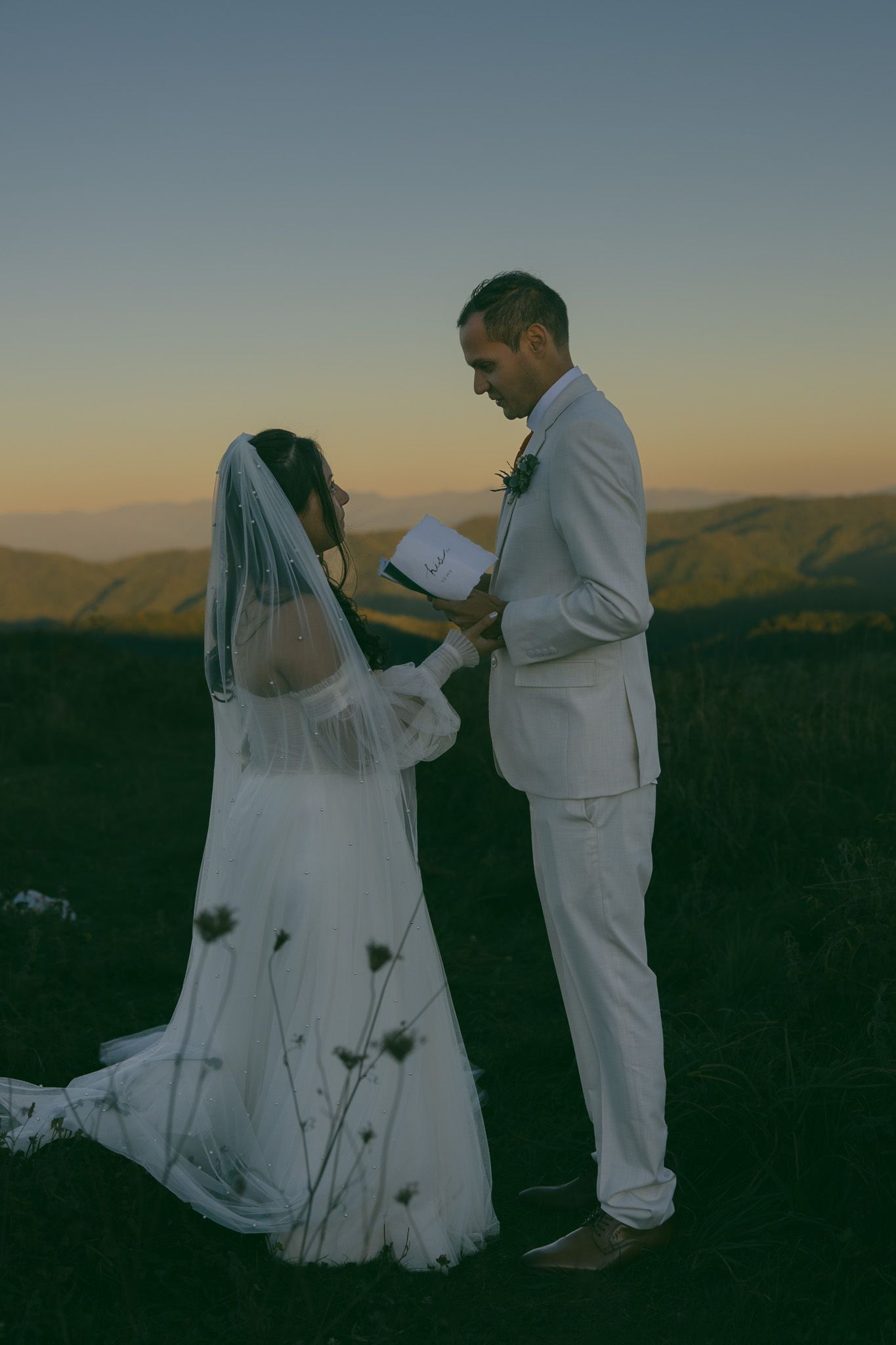 his and her vow books veil bridal bouquet mountain elopement asheville nc tn couple married eloping moutain view