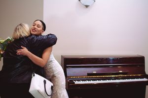 A sequence of photos showing two people embracing in front of a piano in a light-filled room.