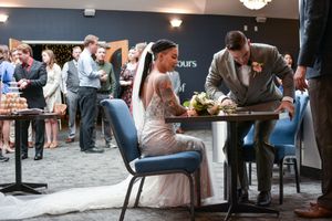 A sequence of wedding reception photos showing guests dancing and celebrating at an evening party.