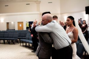 A wedding ceremony montage showing multiple angles of guests celebrating and embracing during a joyful reception.