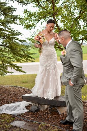 Sequence of romantic wedding photos showing couple in grey suit and white dress outdoors.