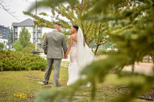 Artistic wedding photography sequence captured through tree branches in natural lighting.