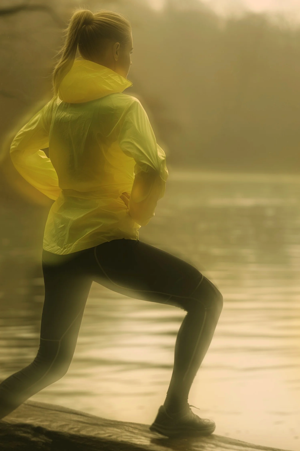 Athletic figure in yellow top performing lunges in golden light.