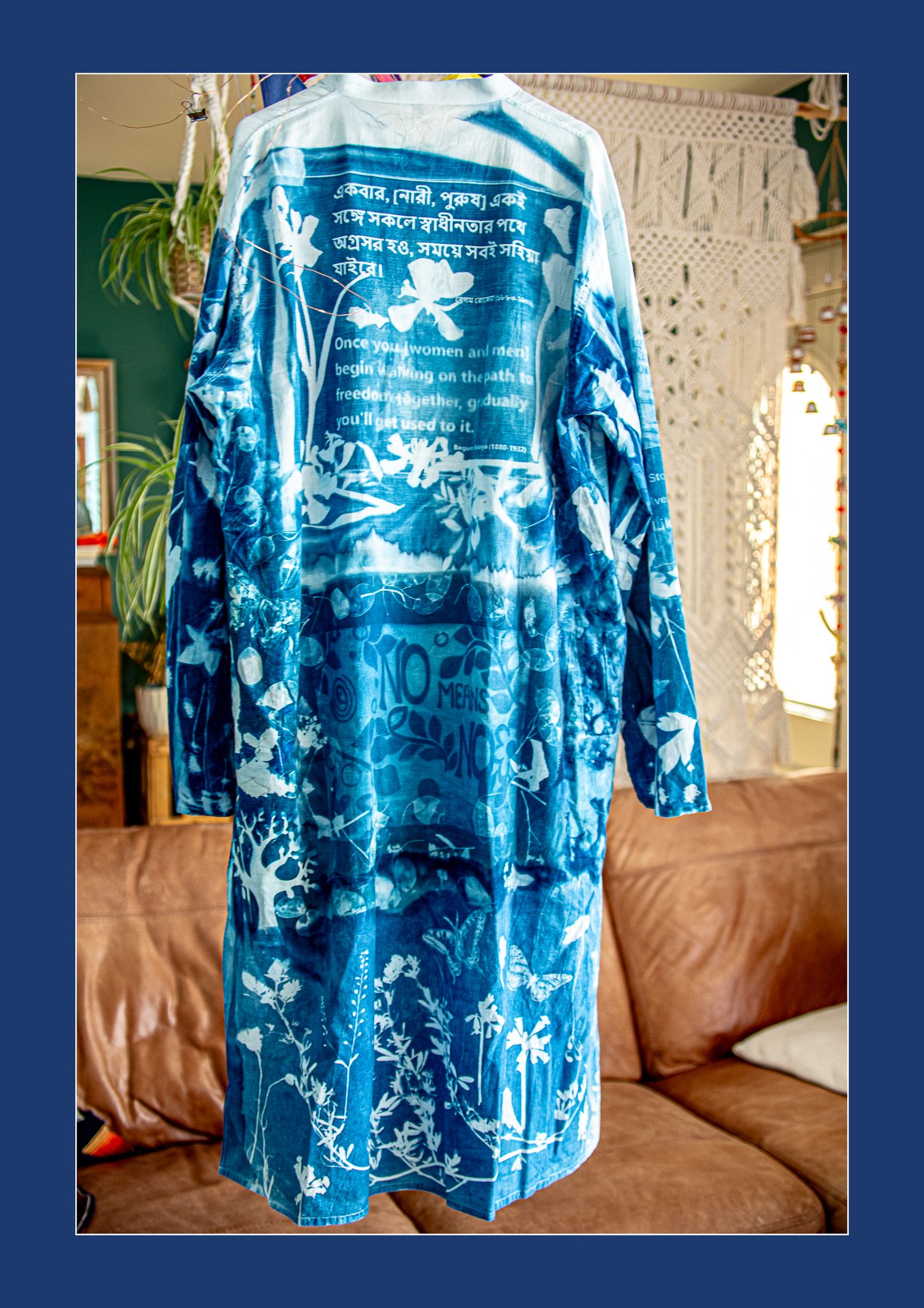 '16 Days of Activism against Gender-Based Violence',  cyanotype detail on a panjabi  to show zero tolerance for violence against women