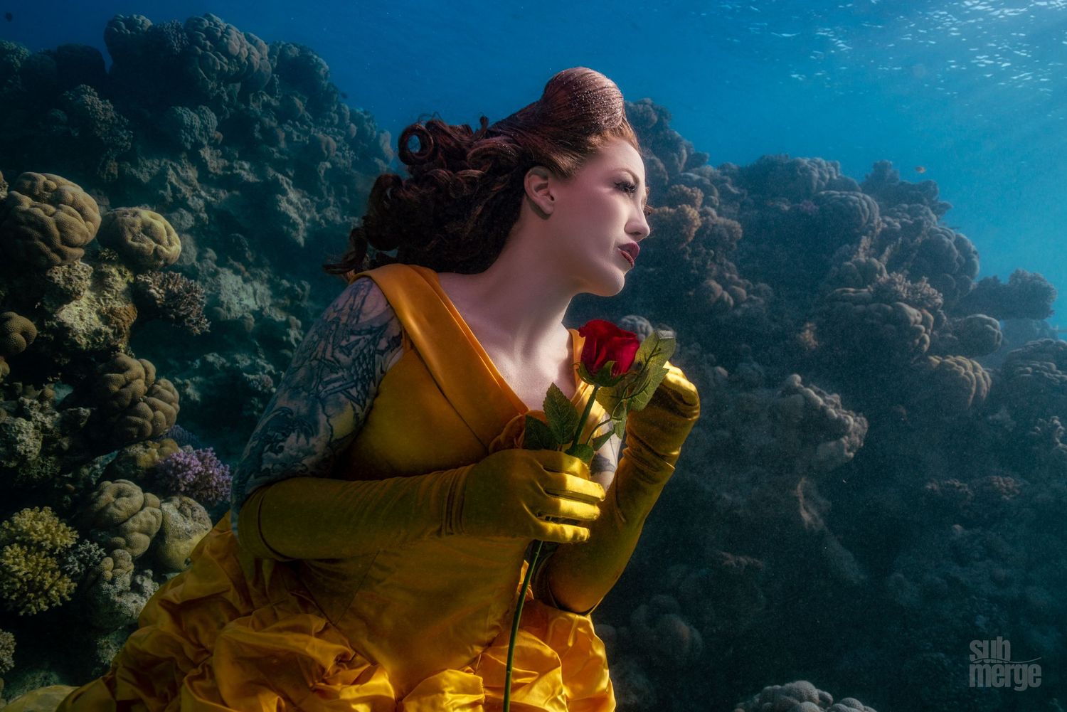 Diver in yellow wetsuit explores vibrant coral reef in crystal clear blue ocean waters.