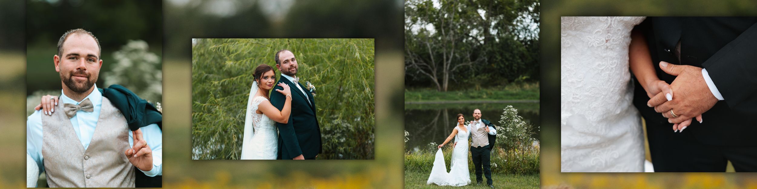 A series of candid wedding photos arranged in a horizontal filmstrip showing outdoor ceremony and reception moments.