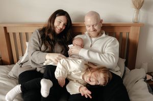 A heartwarming series of family photos showing tender moments between loved ones relaxing together on a couch.