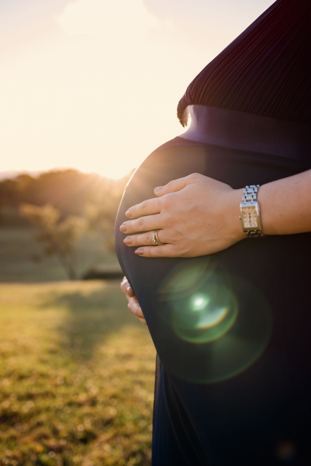 A close up of a heavily pregnant belly at golden hour with a backlit scene and greenery. Sun flares and golden light.