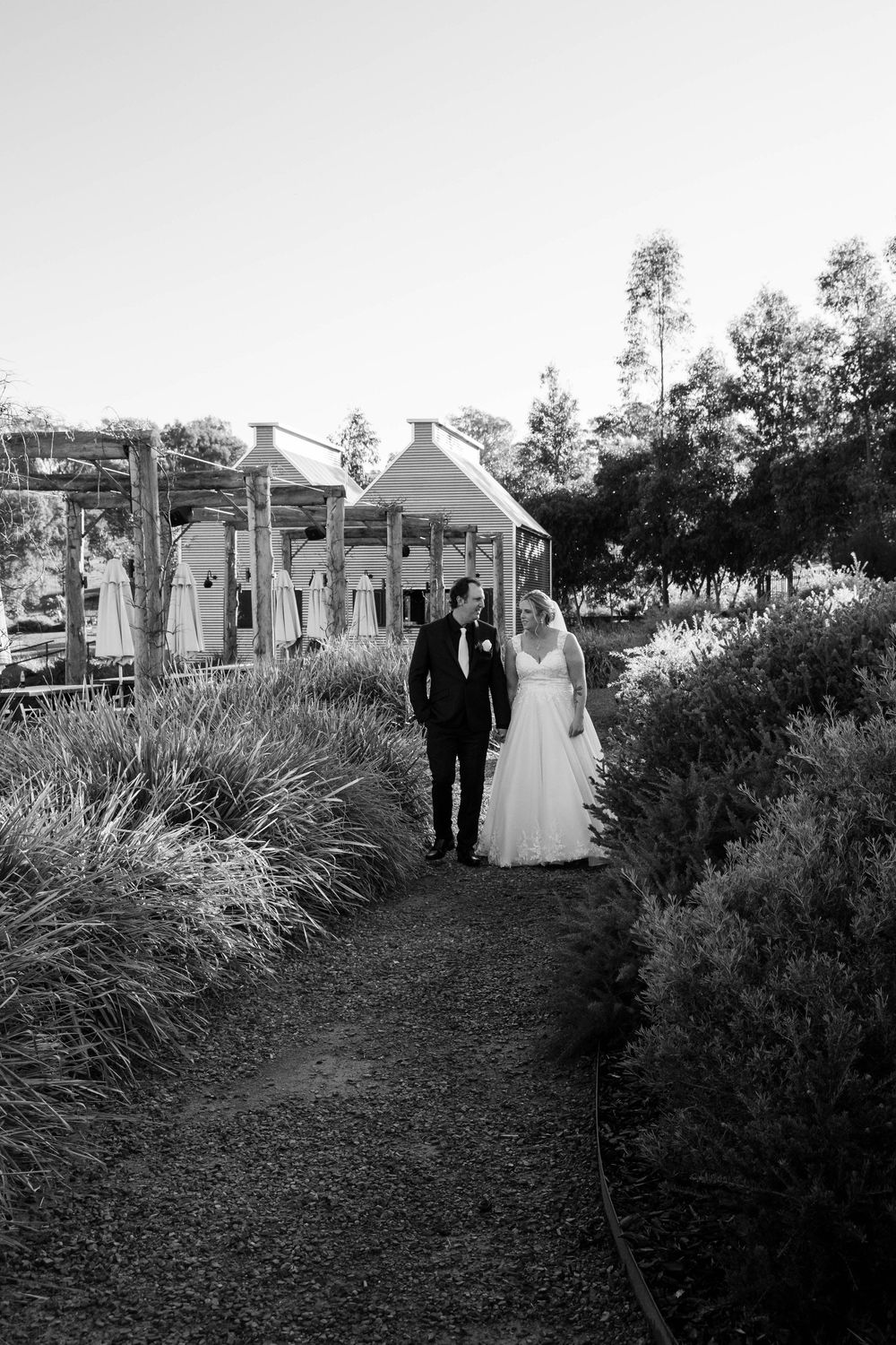 A wedding couple poses together on a garden path surrounded by tall grasses and bushes in a black and white photo series.
